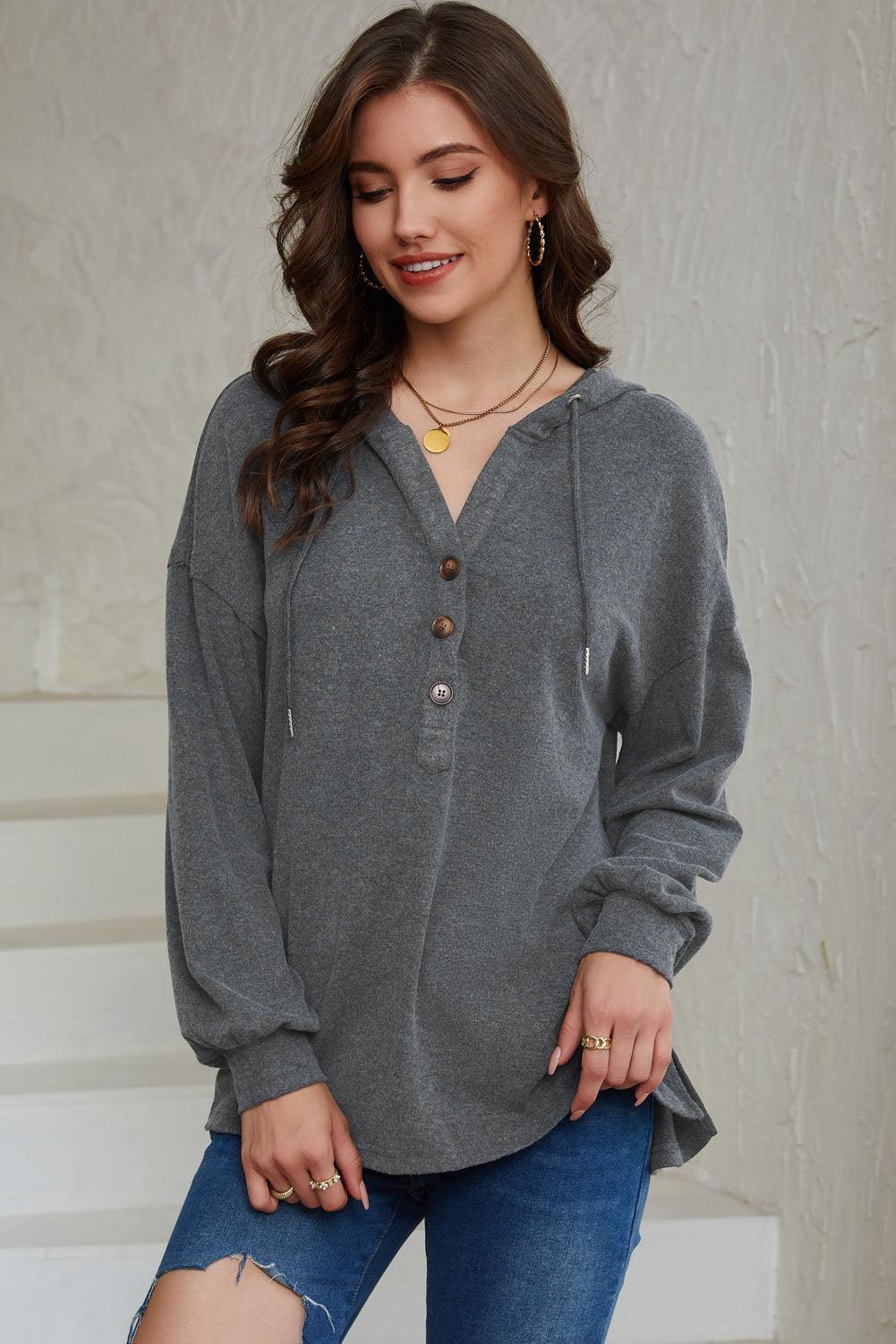 Full Size Buttoned Drop Shoulder High-Low Hoodie - BoldlyCurvy