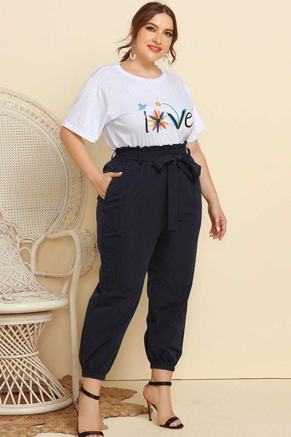 Graphic Tee and Belted Paperbag Joggers Set - BoldlyCurvy