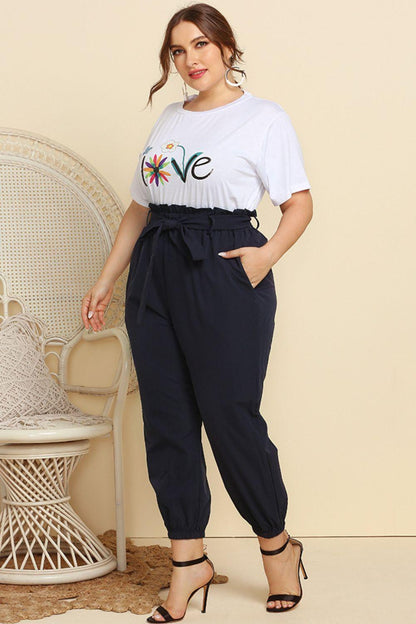 Graphic Tee and Belted Paperbag Joggers Set - BoldlyCurvy