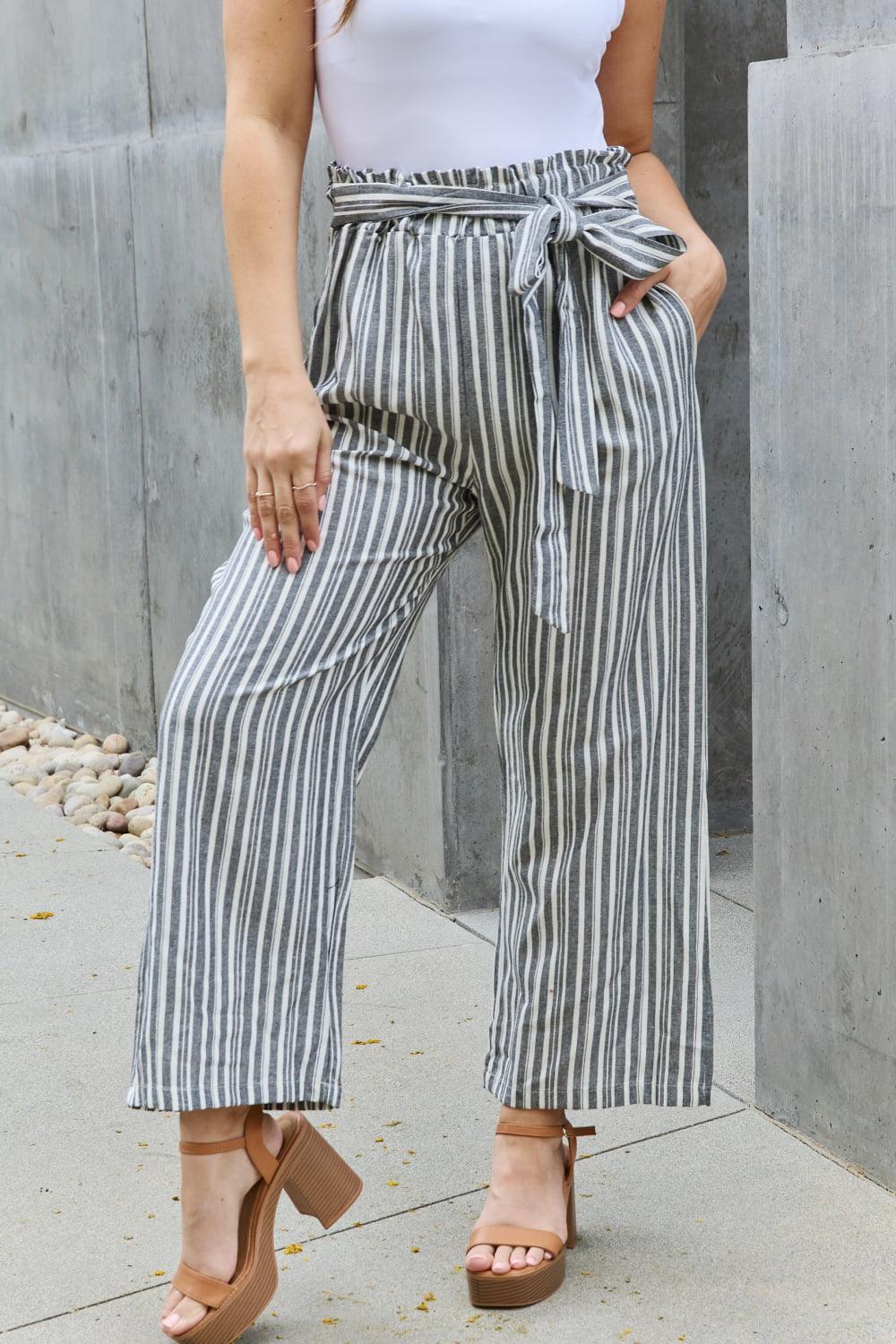 Heimish Find Your Path Full Size Paperbag Waist Striped Culotte Pants - BoldlyCurvy