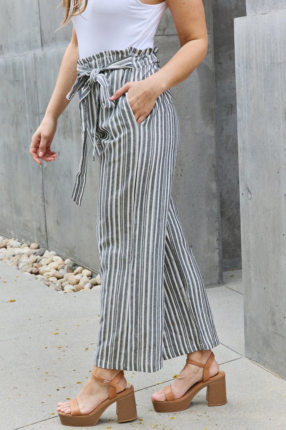 Heimish Find Your Path Full Size Paperbag Waist Striped Culotte Pants - BoldlyCurvy