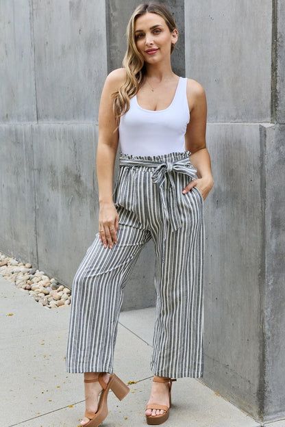 Heimish Find Your Path Full Size Paperbag Waist Striped Culotte Pants - BoldlyCurvy