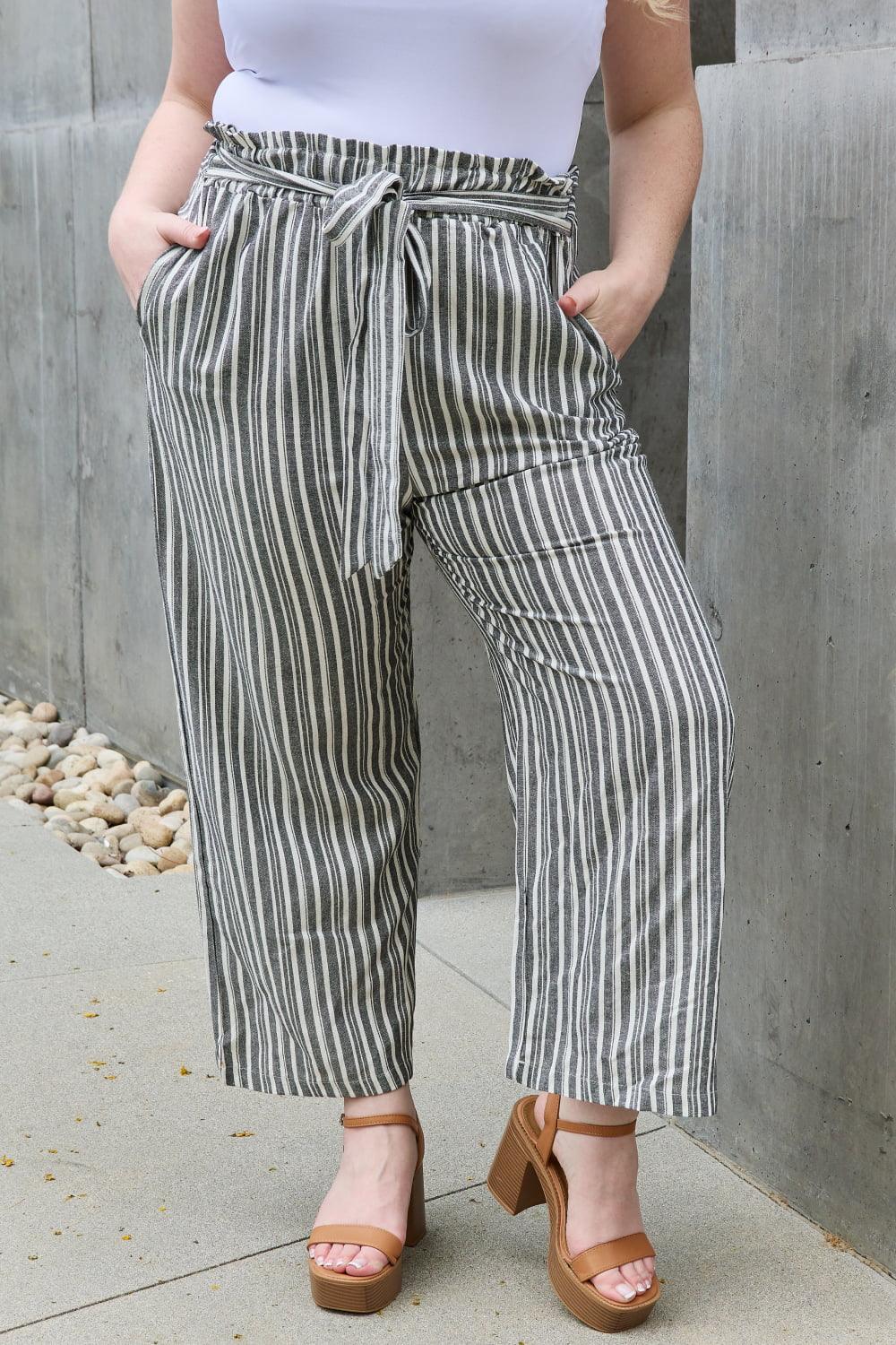 Heimish Find Your Path Full Size Paperbag Waist Striped Culotte Pants - BoldlyCurvy