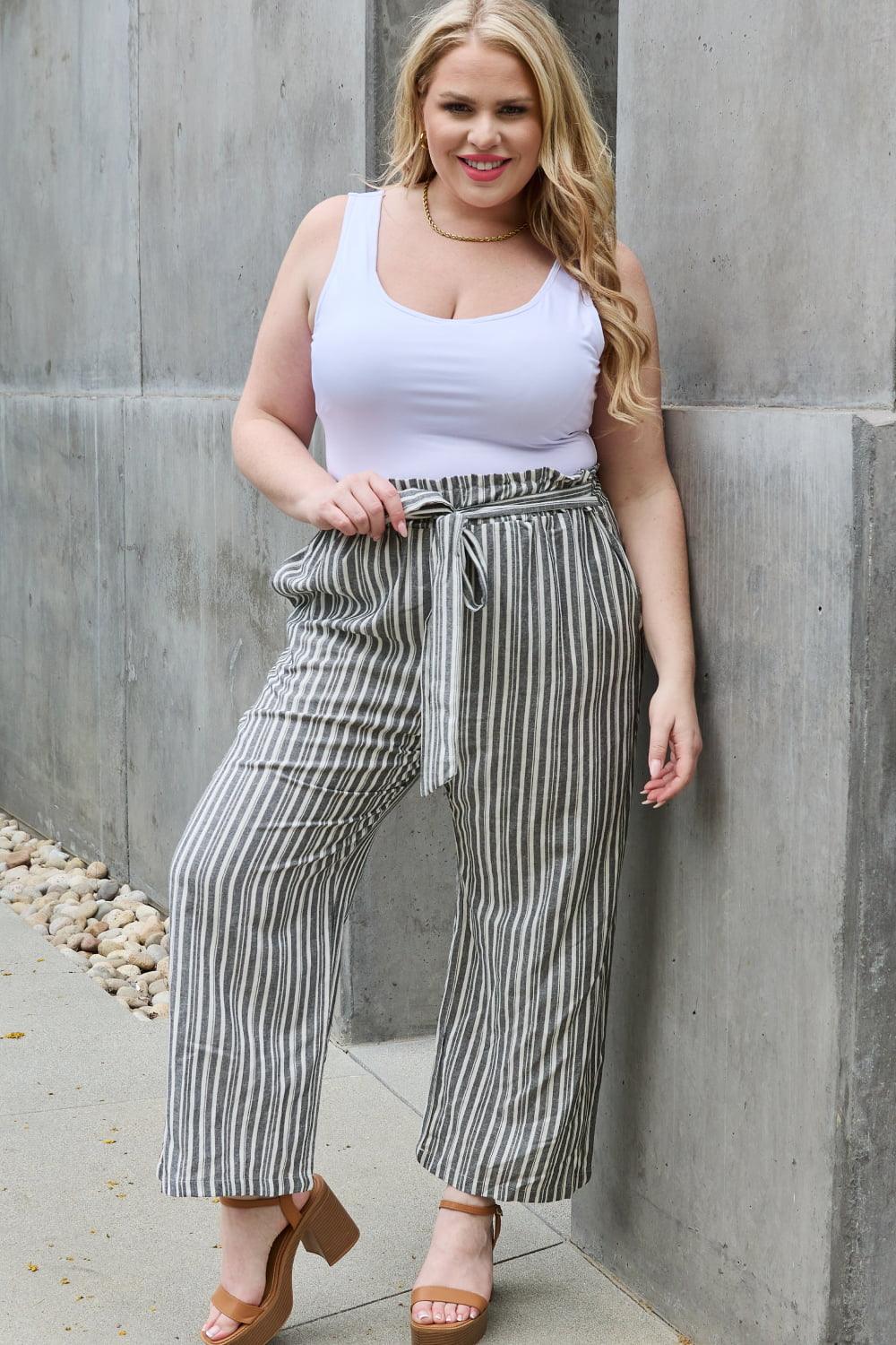 Heimish Find Your Path Full Size Paperbag Waist Striped Culotte Pants - BoldlyCurvy