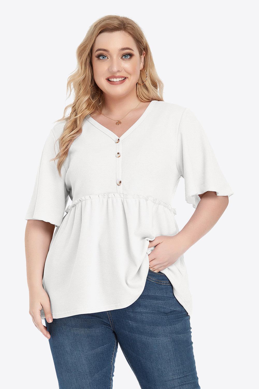 Plus Size Buttoned V-Neck Frill Trim Babydoll Blouse - BoldlyCurvy