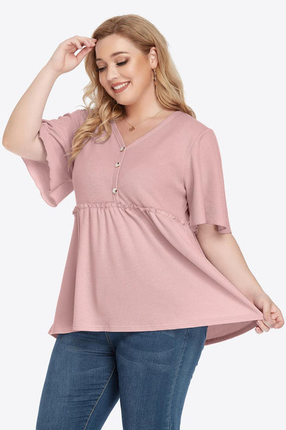 Plus Size Buttoned V-Neck Frill Trim Babydoll Blouse - BoldlyCurvy