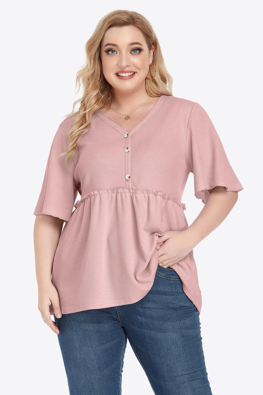 Plus Size Buttoned V-Neck Frill Trim Babydoll Blouse - BoldlyCurvy