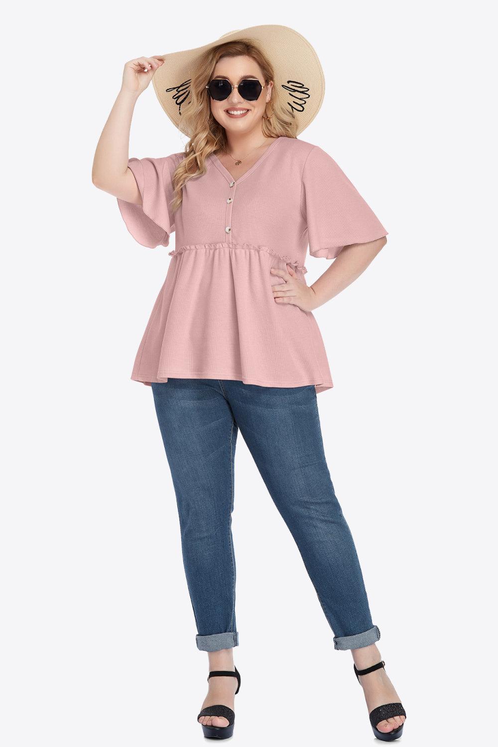 Plus Size Buttoned V-Neck Frill Trim Babydoll Blouse - BoldlyCurvy