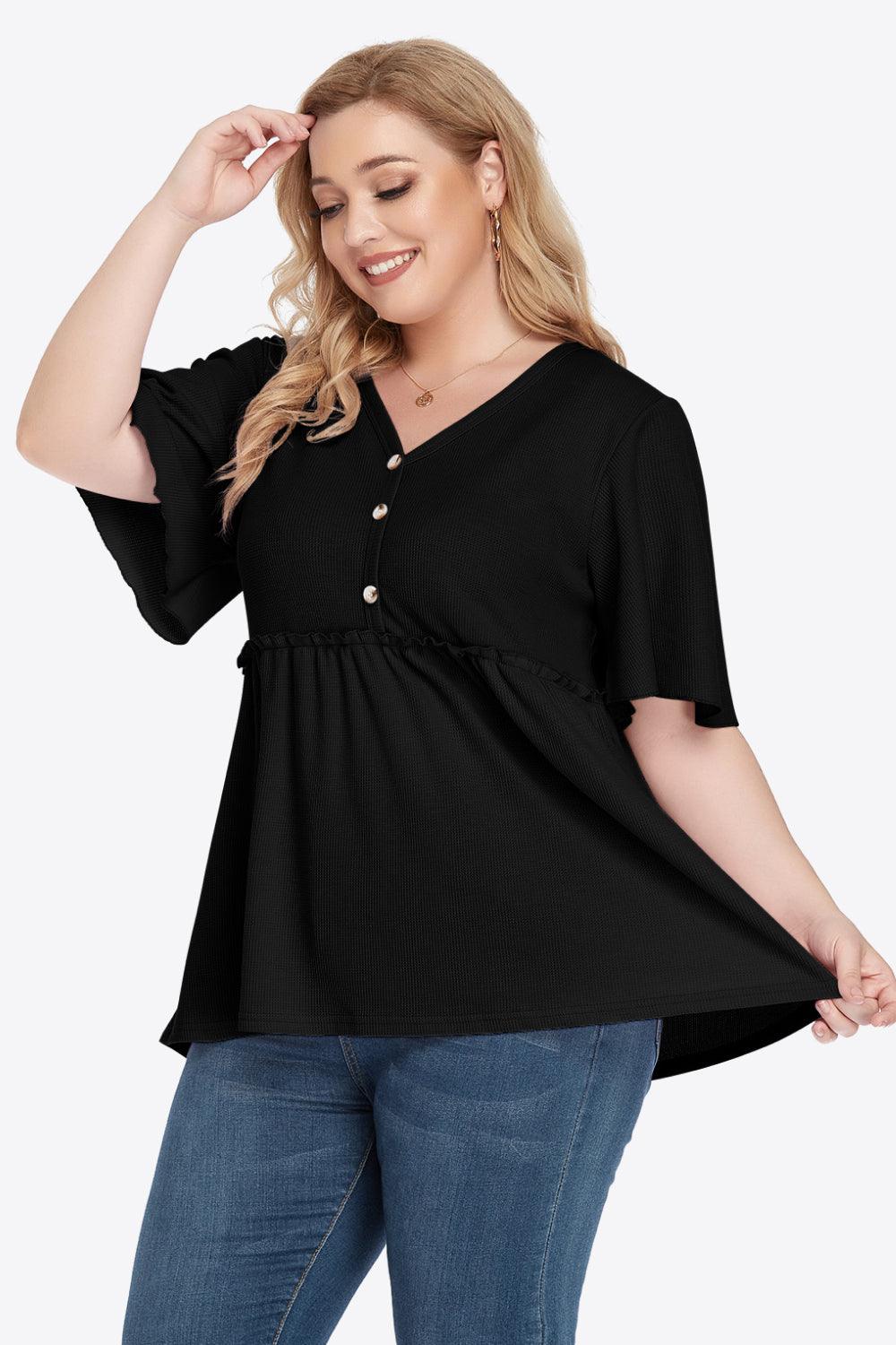 Plus Size Buttoned V-Neck Frill Trim Babydoll Blouse - BoldlyCurvy