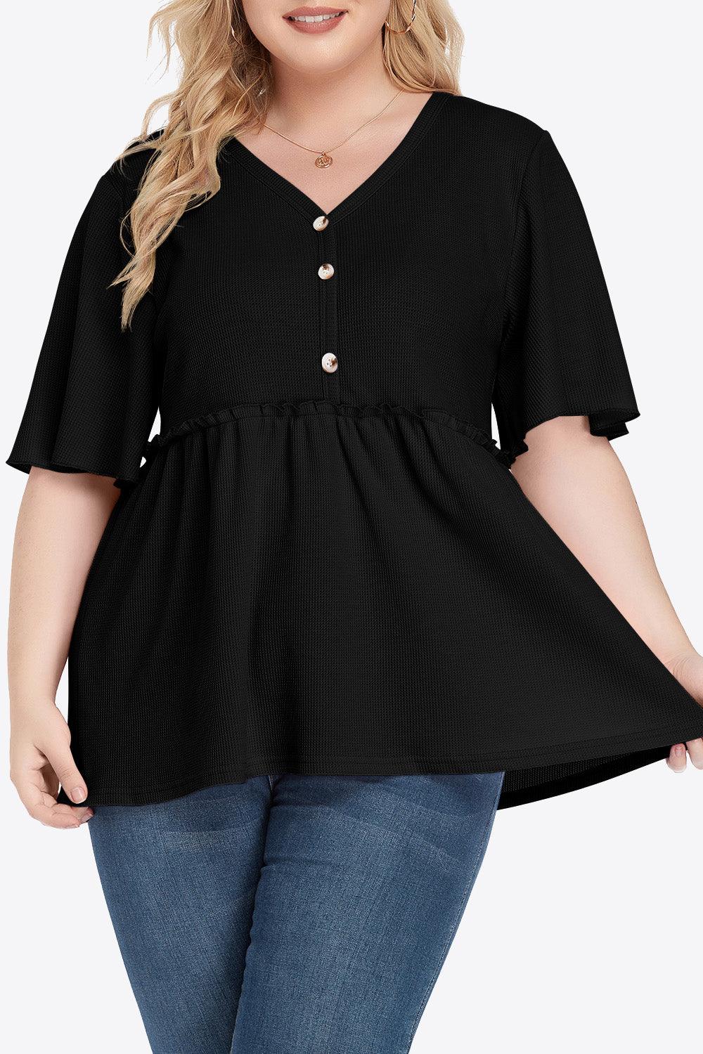 Plus Size Buttoned V-Neck Frill Trim Babydoll Blouse - BoldlyCurvy