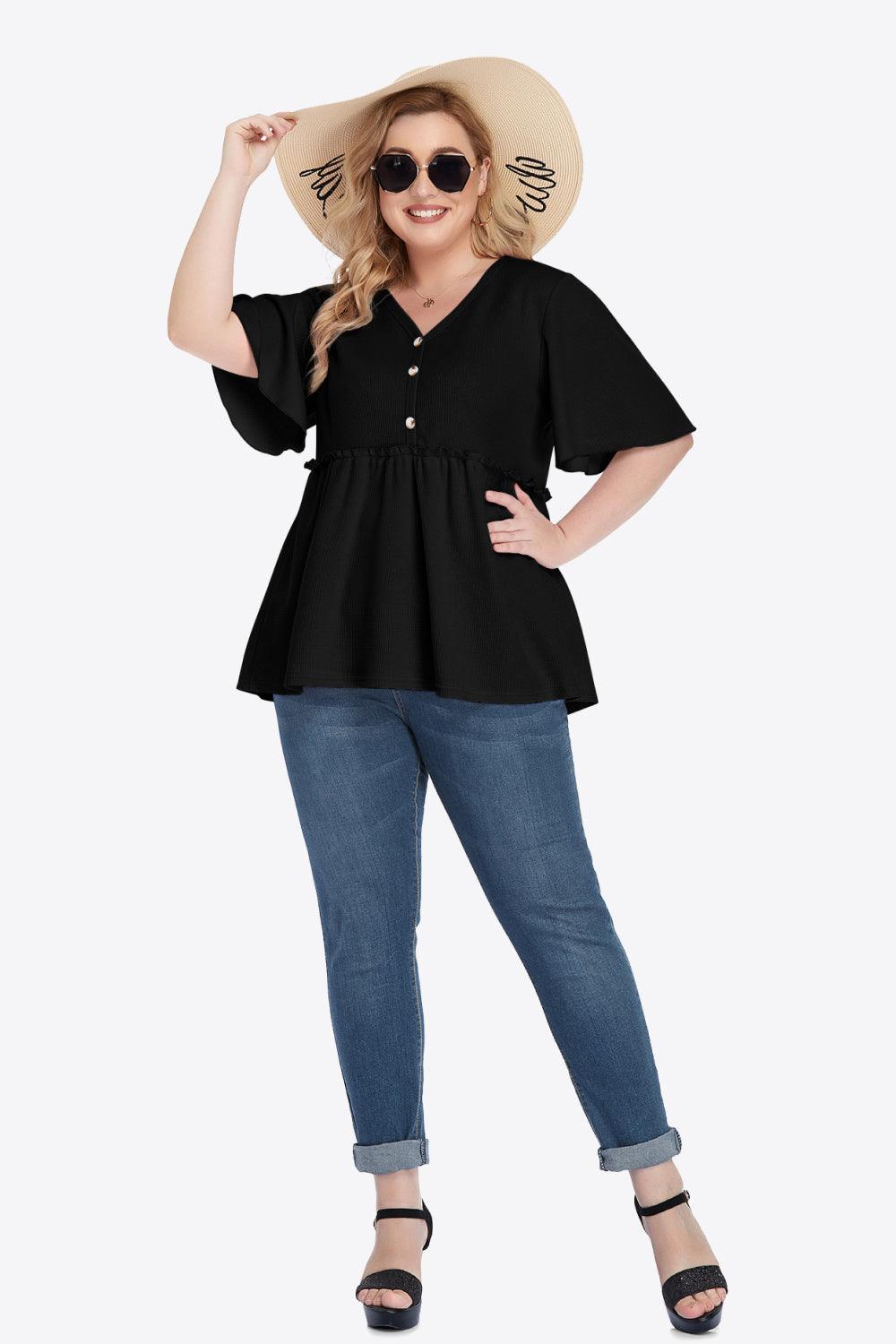 Plus Size Buttoned V-Neck Frill Trim Babydoll Blouse - BoldlyCurvy