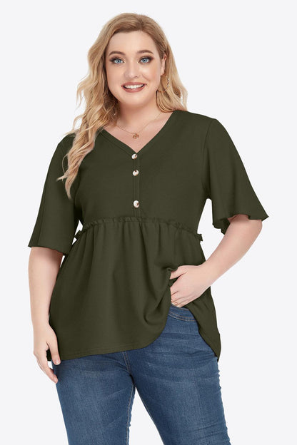 Plus Size Buttoned V-Neck Frill Trim Babydoll Blouse - BoldlyCurvy