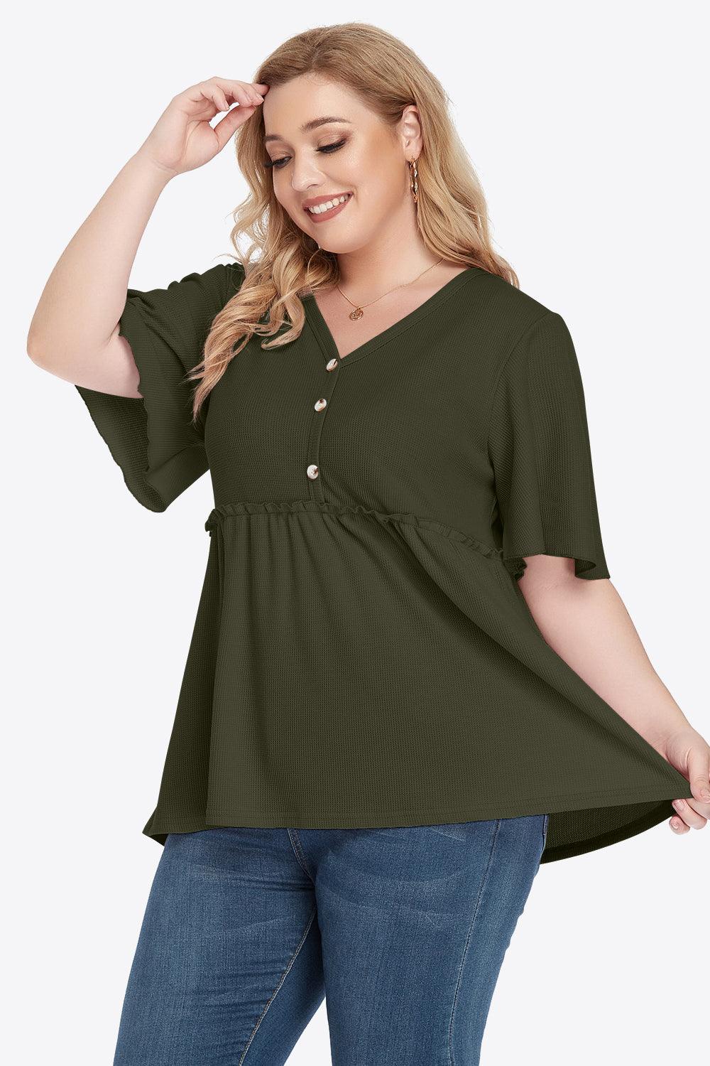 Plus Size Buttoned V-Neck Frill Trim Babydoll Blouse - BoldlyCurvy