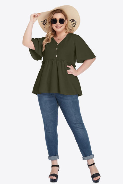 Plus Size Buttoned V-Neck Frill Trim Babydoll Blouse - BoldlyCurvy