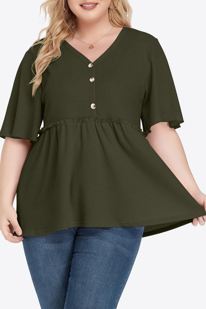 Plus Size Buttoned V-Neck Frill Trim Babydoll Blouse - BoldlyCurvy