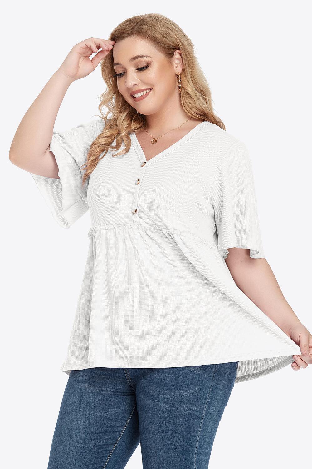 Plus Size Buttoned V-Neck Frill Trim Babydoll Blouse - BoldlyCurvy