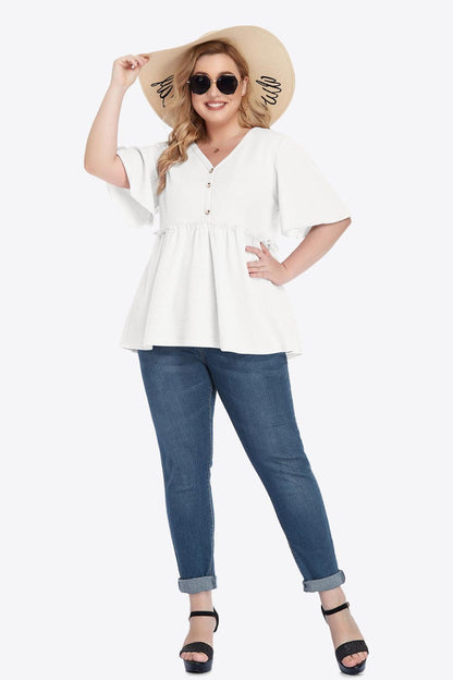 Plus Size Buttoned V-Neck Frill Trim Babydoll Blouse - BoldlyCurvy