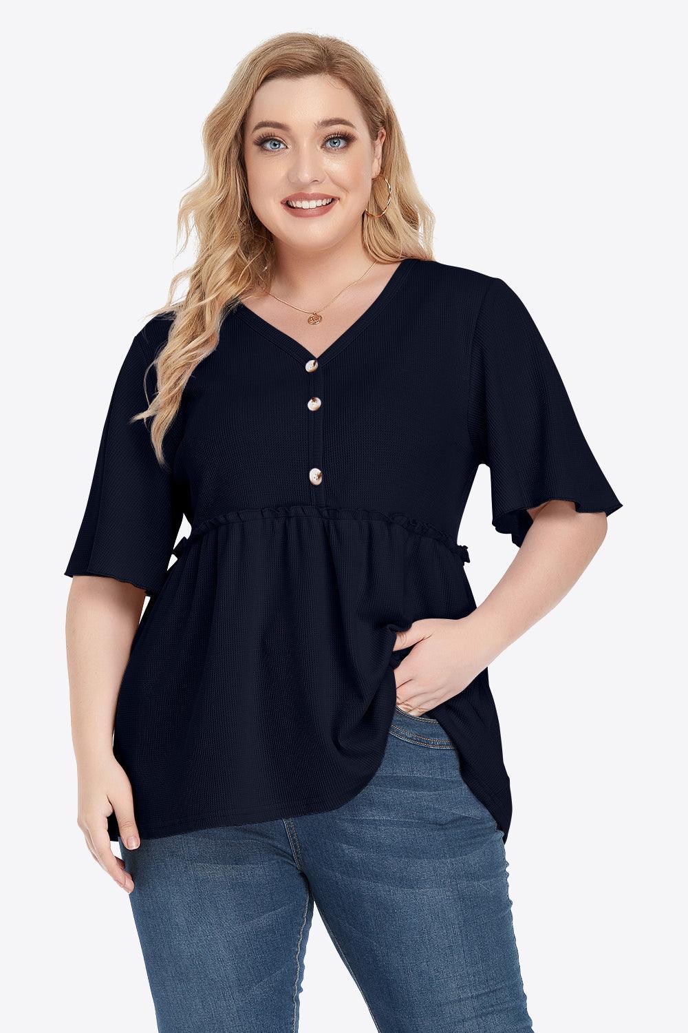 Plus Size Buttoned V-Neck Frill Trim Babydoll Blouse - BoldlyCurvy