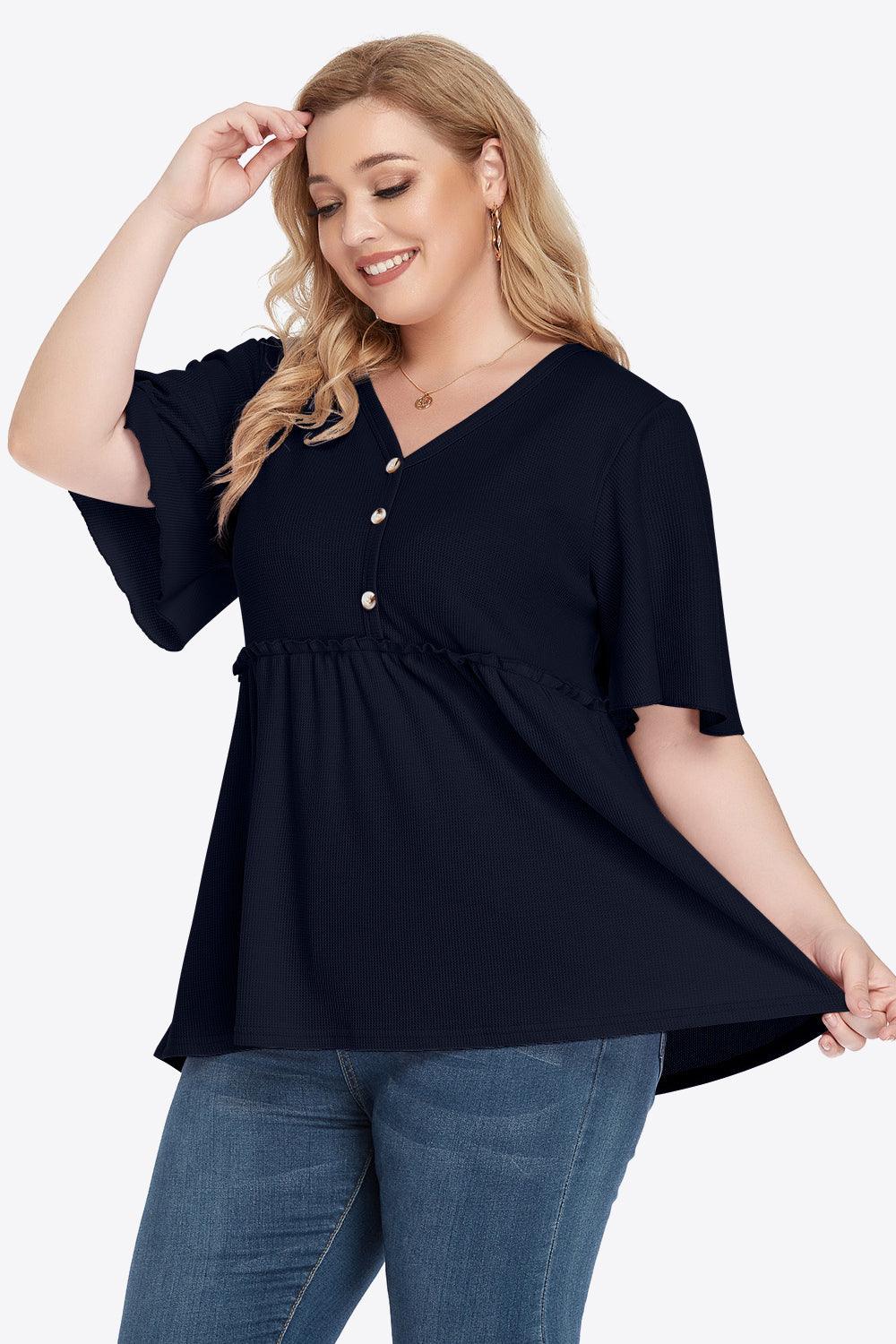 Plus Size Buttoned V-Neck Frill Trim Babydoll Blouse - BoldlyCurvy