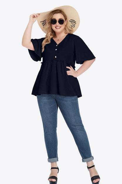 Plus Size Buttoned V-Neck Frill Trim Babydoll Blouse - BoldlyCurvy