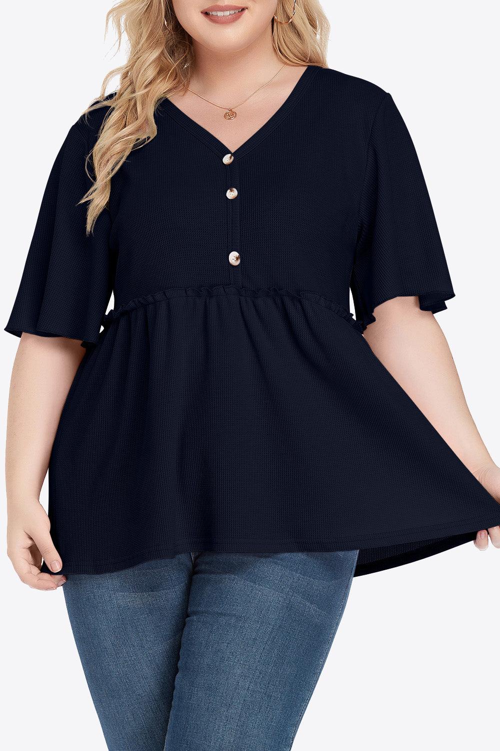 Plus Size Buttoned V-Neck Frill Trim Babydoll Blouse - BoldlyCurvy