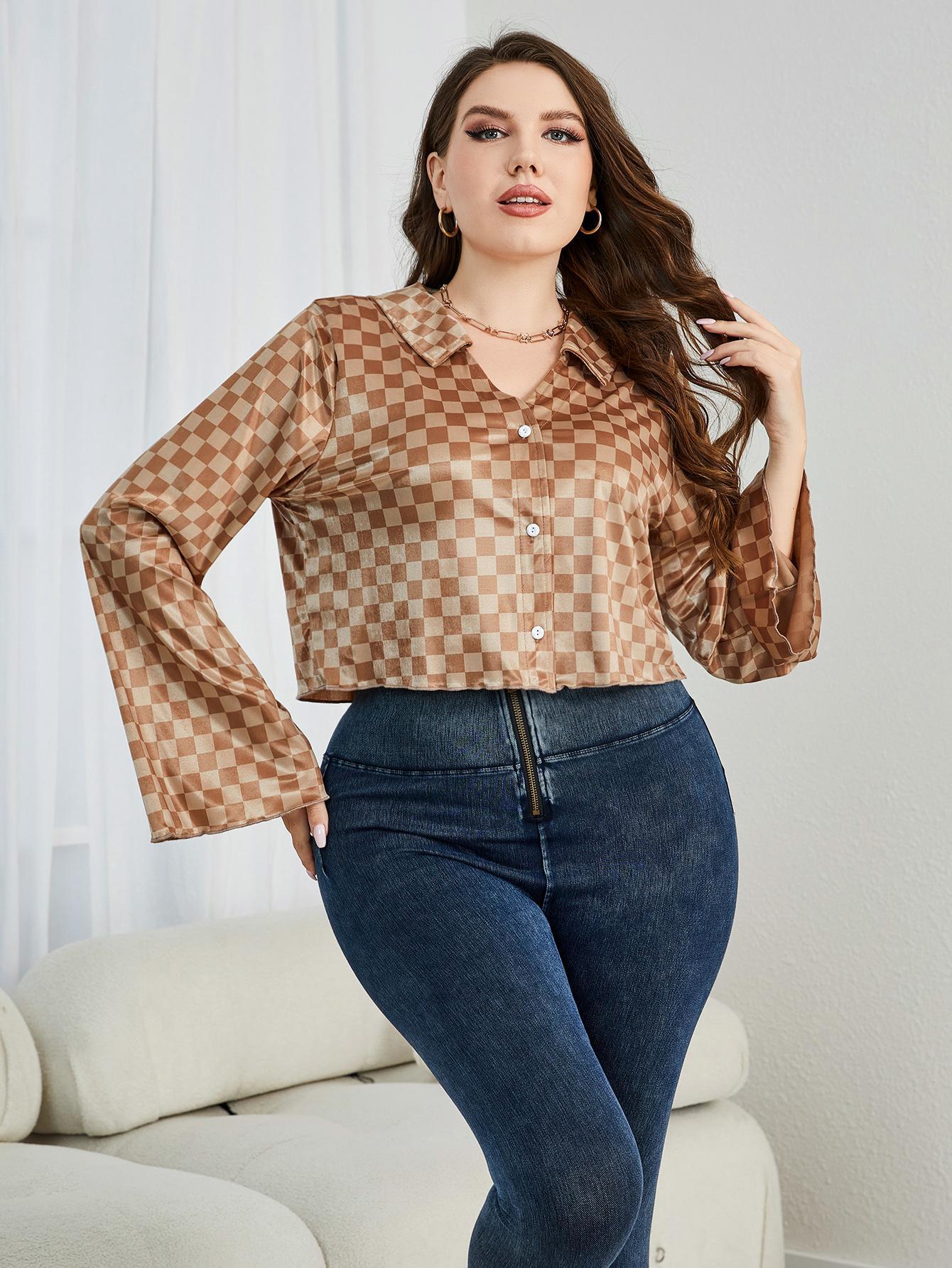 Plus Size Checkered Johnny Collar Flare Sleeve Shirt - BoldlyCurvy