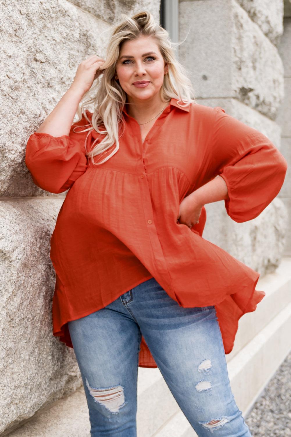 Plus Size Collared Balloon Sleeve Shirt - BoldlyCurvy