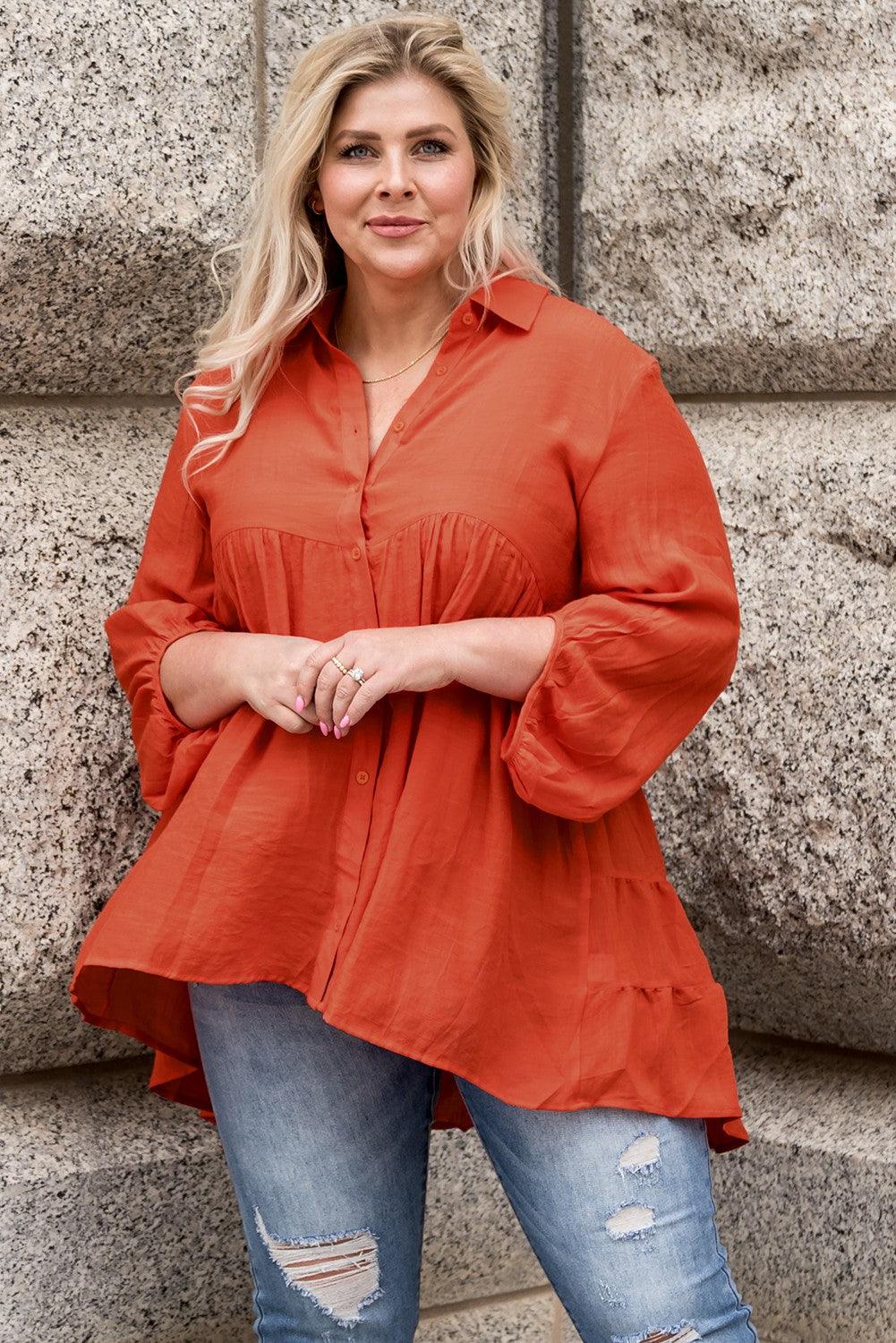 Plus Size Collared Balloon Sleeve Shirt - BoldlyCurvy