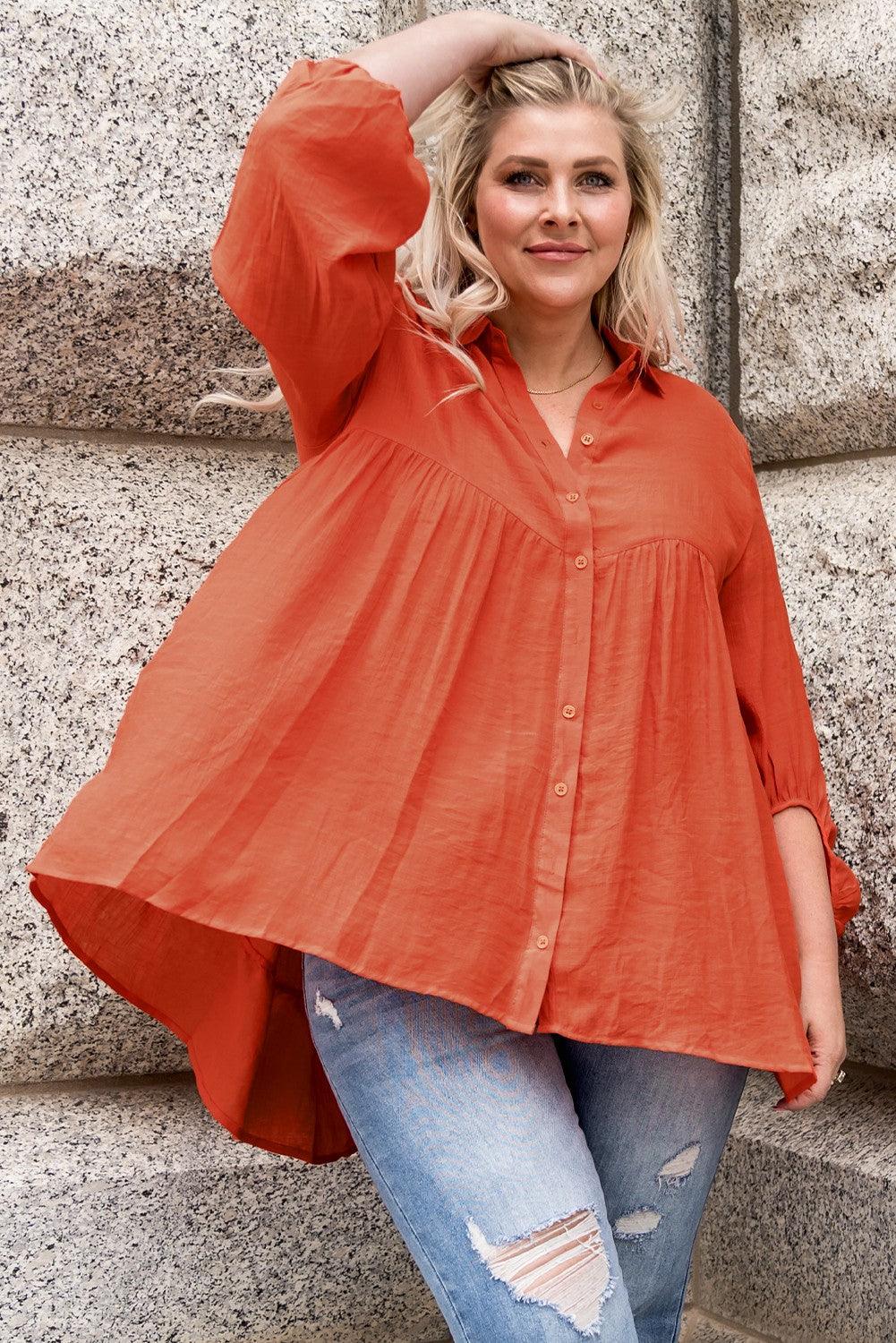 Plus Size Collared Balloon Sleeve Shirt - BoldlyCurvy