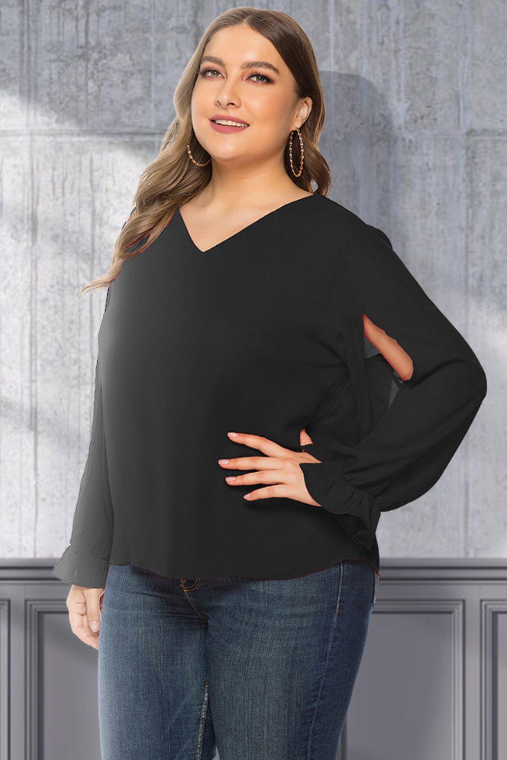 Plus Size Cutout Flounce Sleeve Blouse - BoldlyCurvy