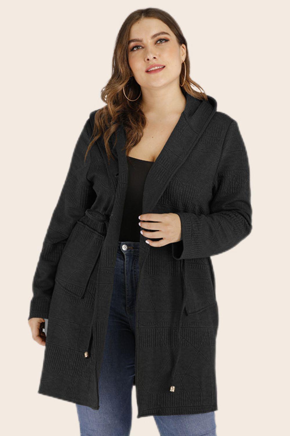 Plus Size Drawstring Waist Hooded Cardigan with Pockets - BoldlyCurvy