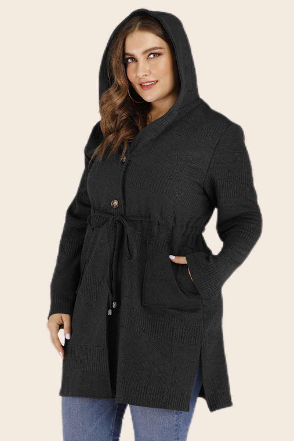 Plus Size Drawstring Waist Hooded Cardigan with Pockets - BoldlyCurvy