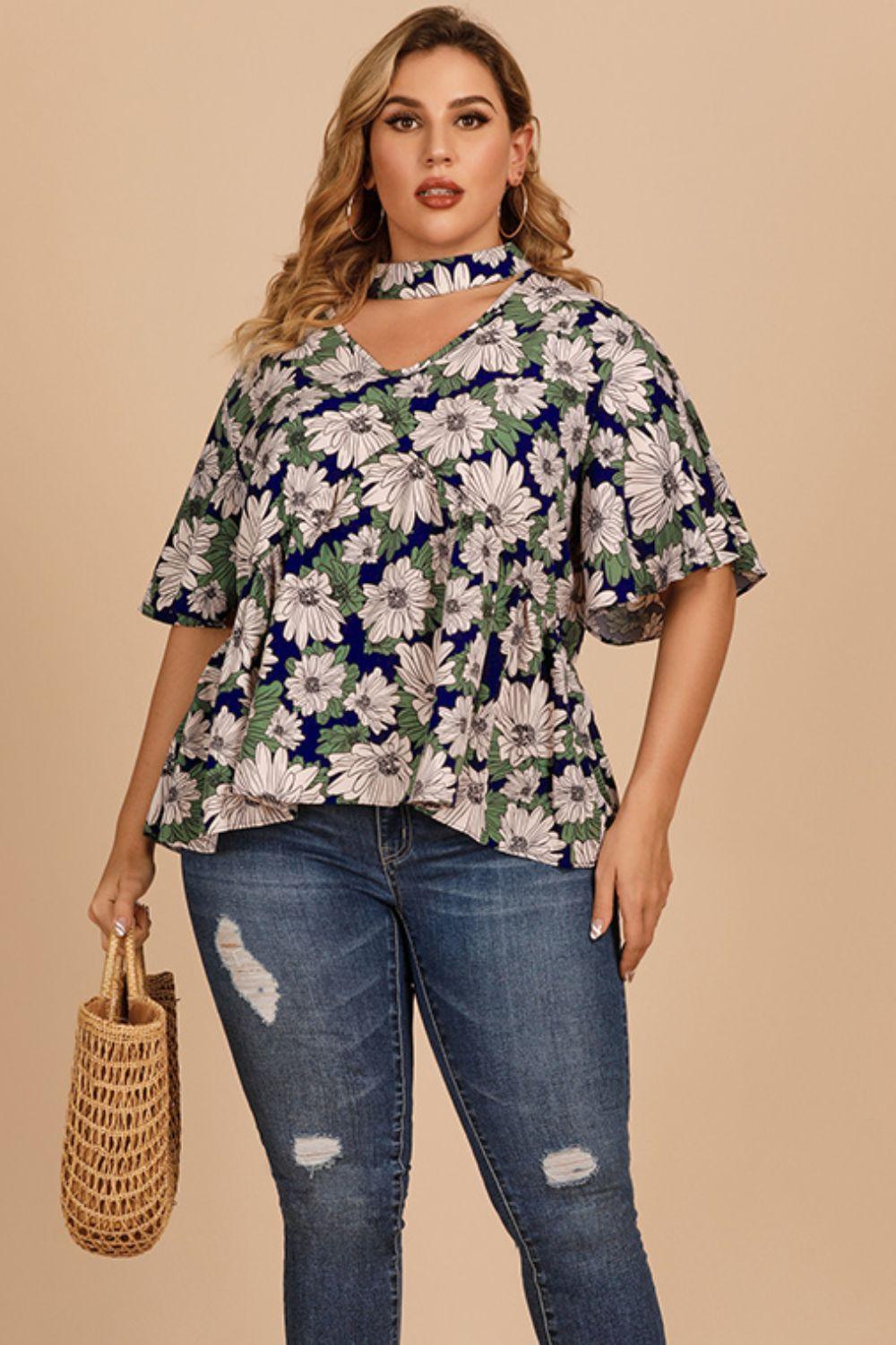 Plus Size Floral Flutter Sleeve Cutout Blouse - BoldlyCurvy