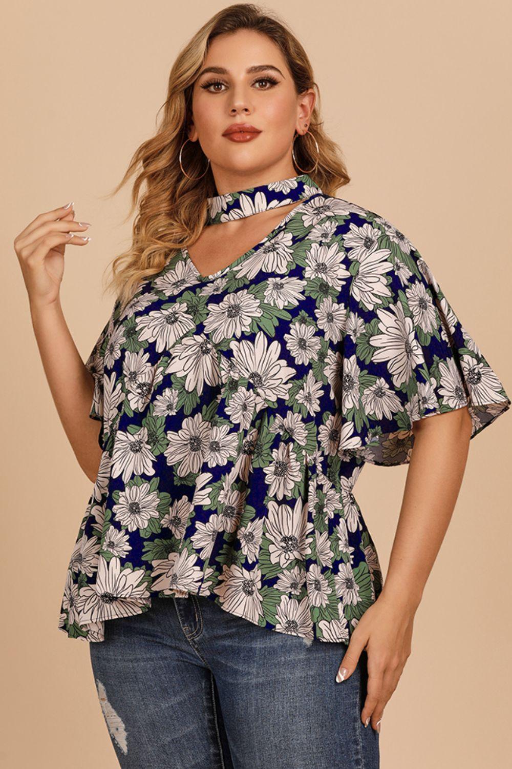 Plus Size Floral Flutter Sleeve Cutout Blouse - BoldlyCurvy