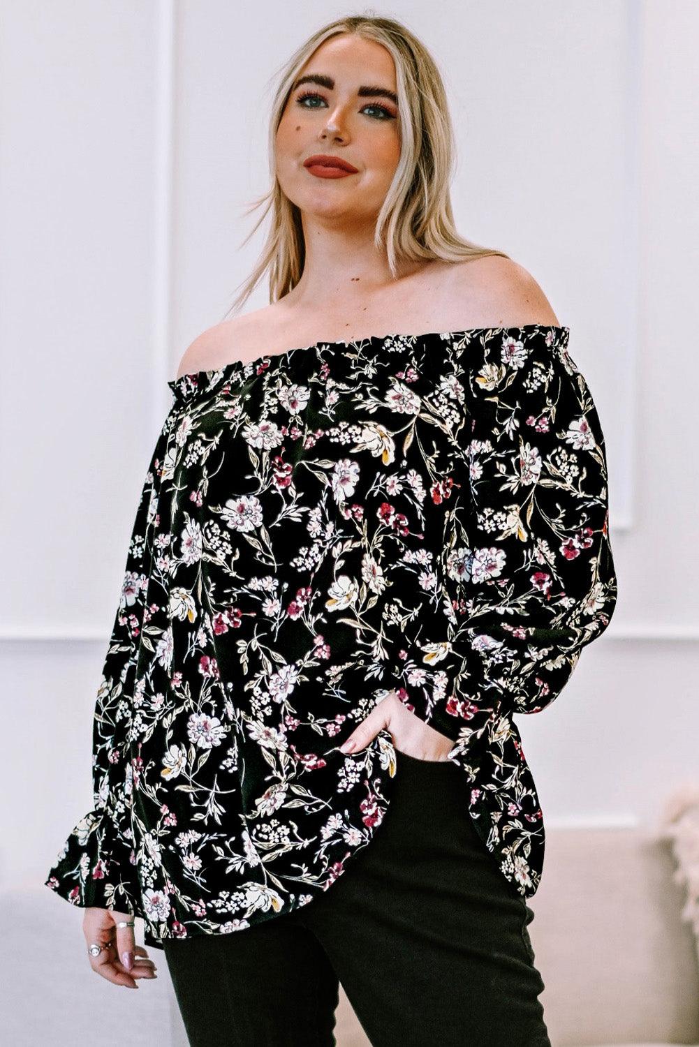 Plus Size Floral Frilled Off-Shoulder Blouse - BoldlyCurvy