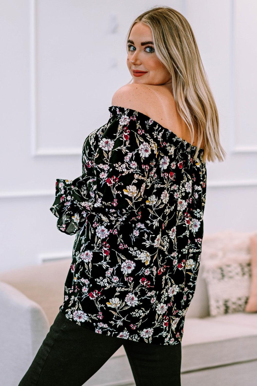 Plus Size Floral Frilled Off-Shoulder Blouse - BoldlyCurvy