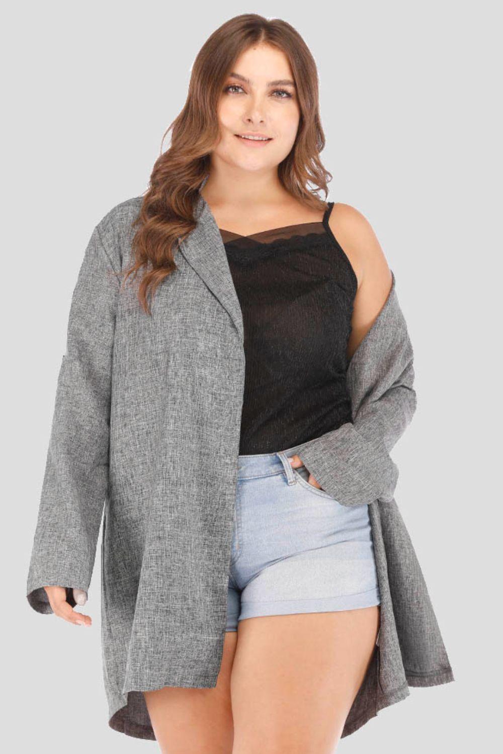 Plus Size Heathered Open Front Trench Coat - BoldlyCurvy