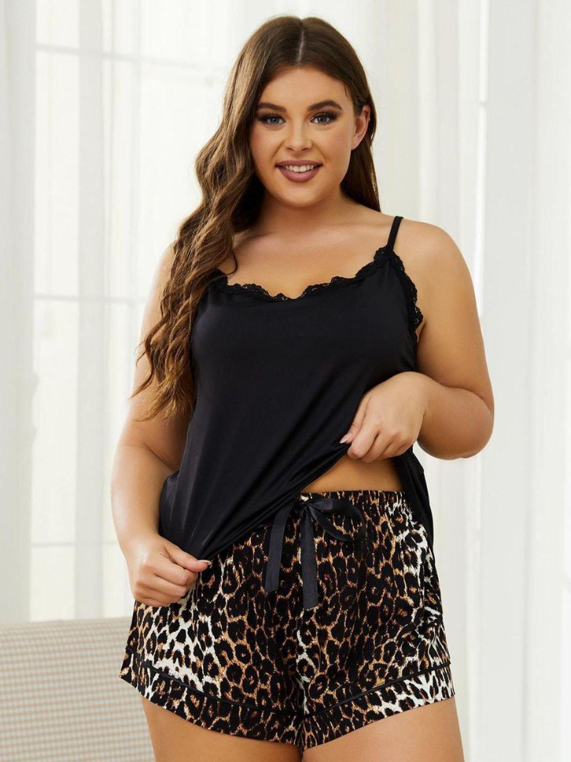 Plus Size Lace Trim Scoop Neck Cami and Printed Shorts Pajama Set - BoldlyCurvy