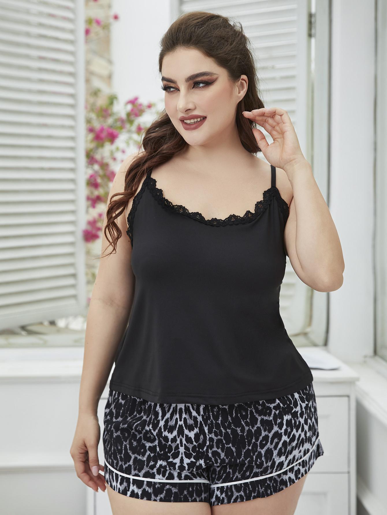 Plus Size Lace Trim Scoop Neck Cami and Printed Shorts Pajama Set - BoldlyCurvy