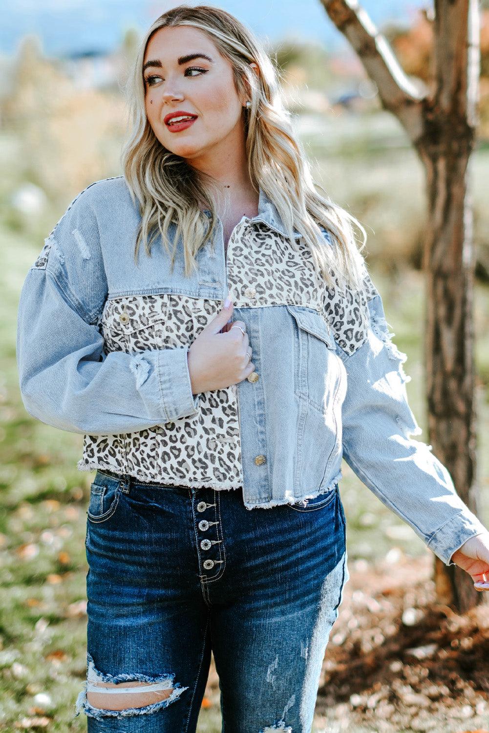 Plus Size Leopard Raw Hem Distressed Spliced Denim Jacket - BoldlyCurvy