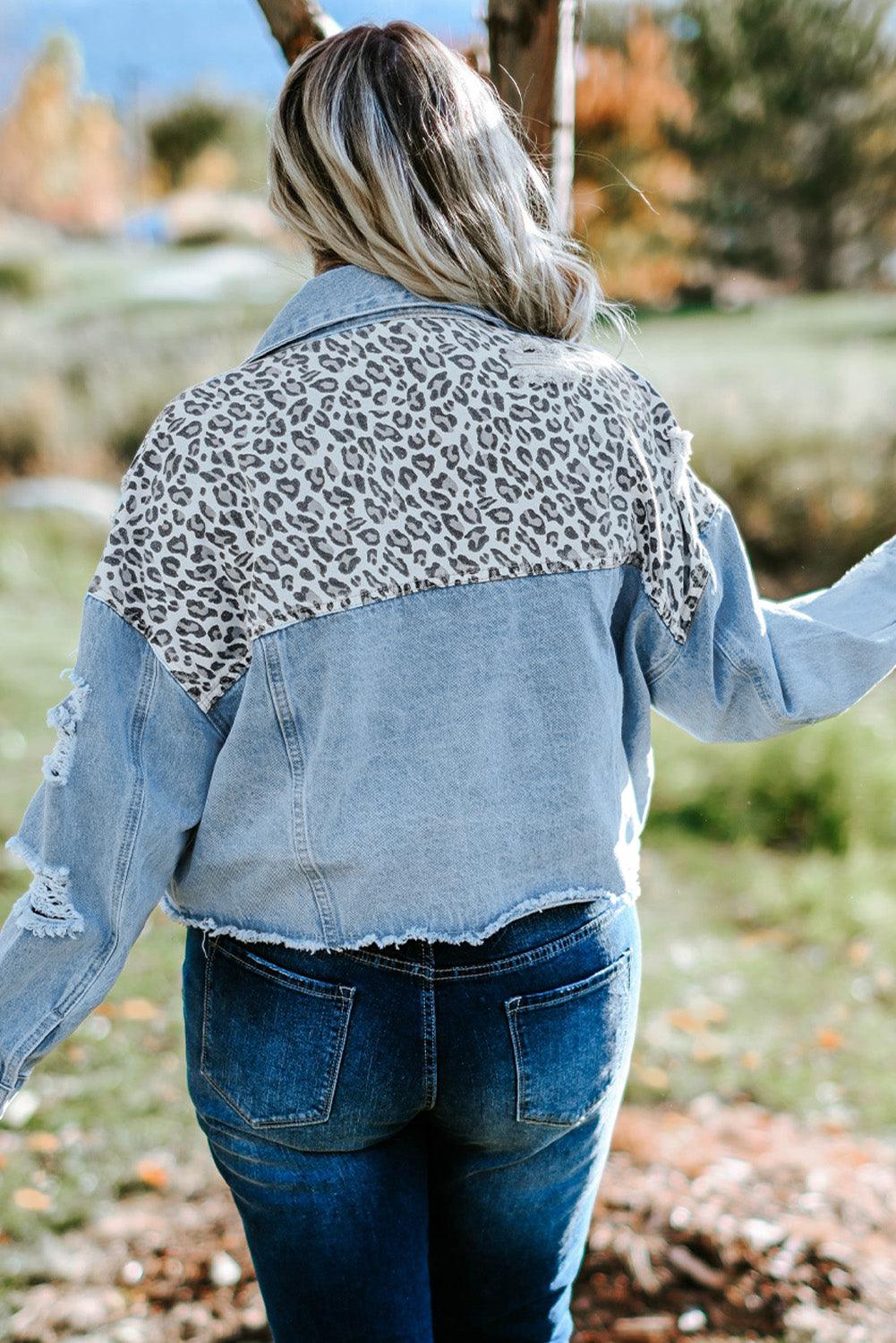 Plus Size Leopard Raw Hem Distressed Spliced Denim Jacket - BoldlyCurvy