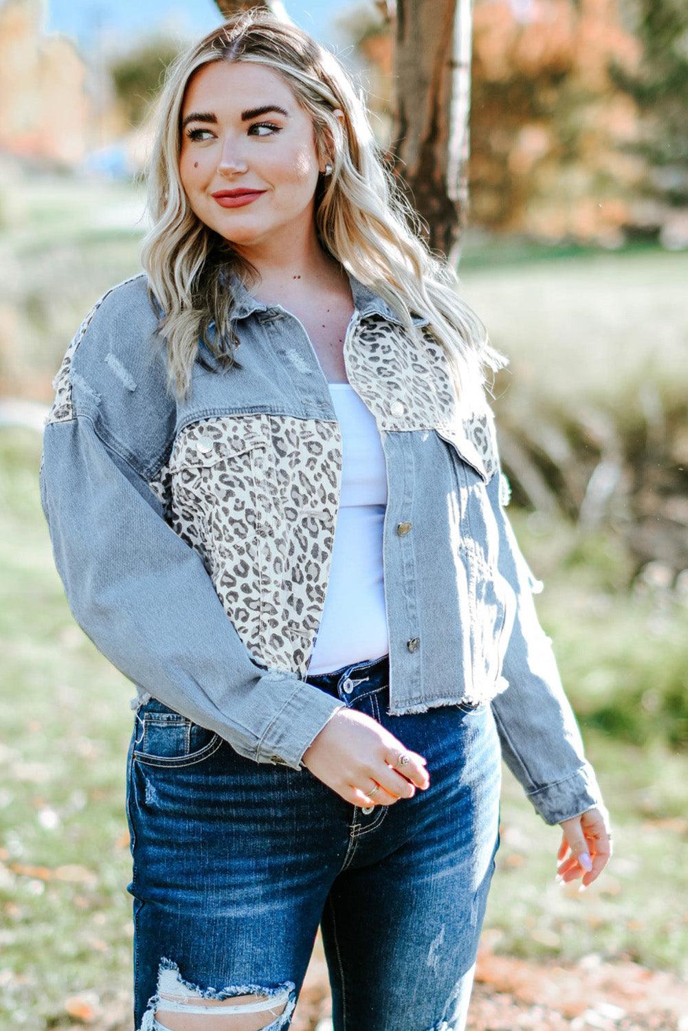 Plus Size Leopard Raw Hem Distressed Spliced Denim Jacket - BoldlyCurvy