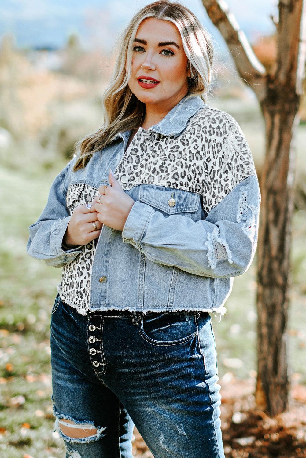 Plus Size Leopard Raw Hem Distressed Spliced Denim Jacket - BoldlyCurvy