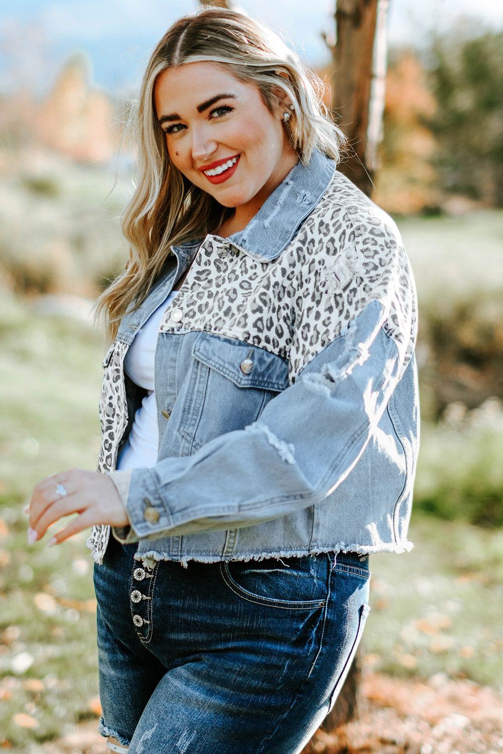 Plus Size Leopard Raw Hem Distressed Spliced Denim Jacket - BoldlyCurvy