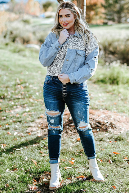 Plus Size Leopard Raw Hem Distressed Spliced Denim Jacket - BoldlyCurvy