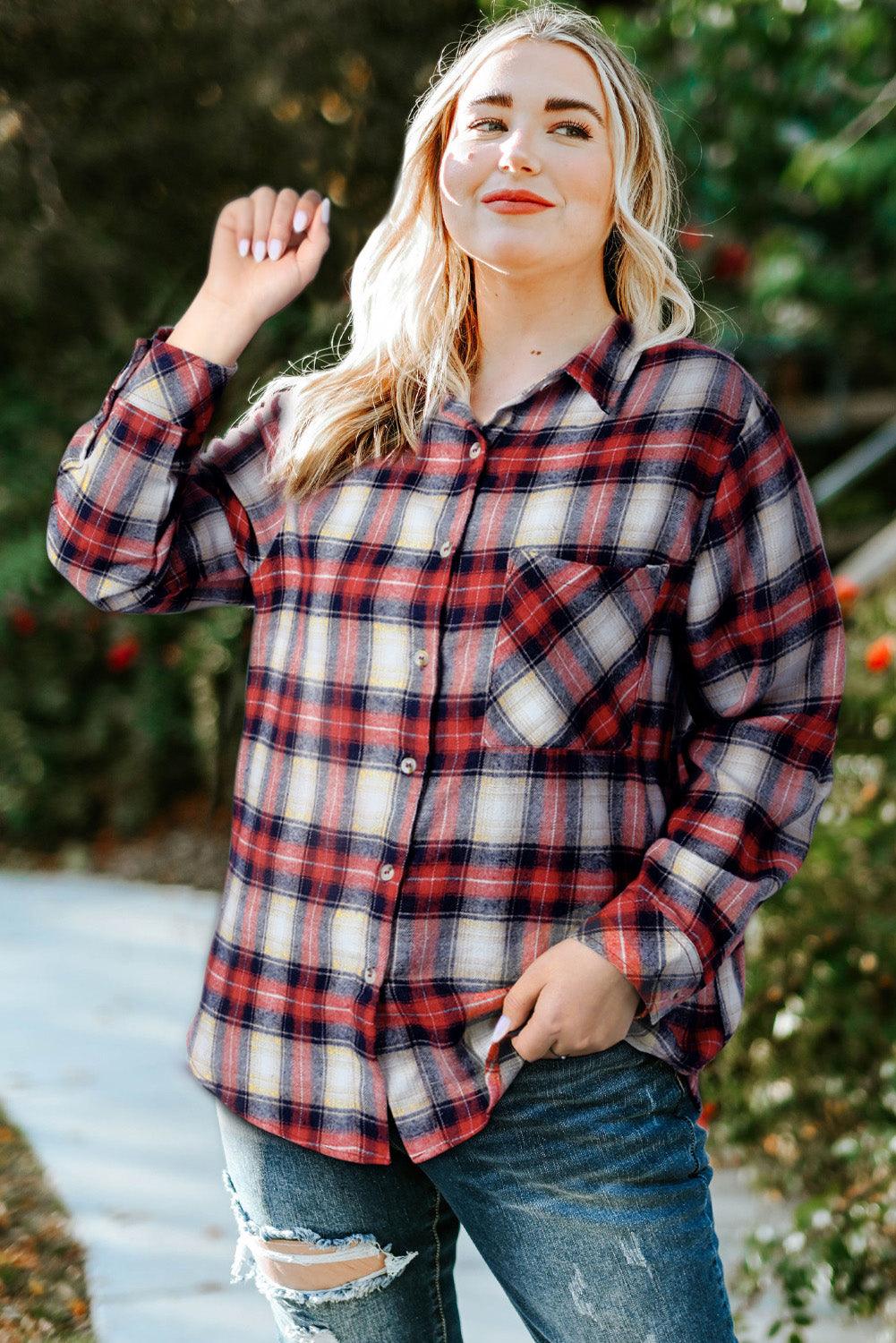 Plus Size Plaid Collared Neck Shirt - BoldlyCurvy