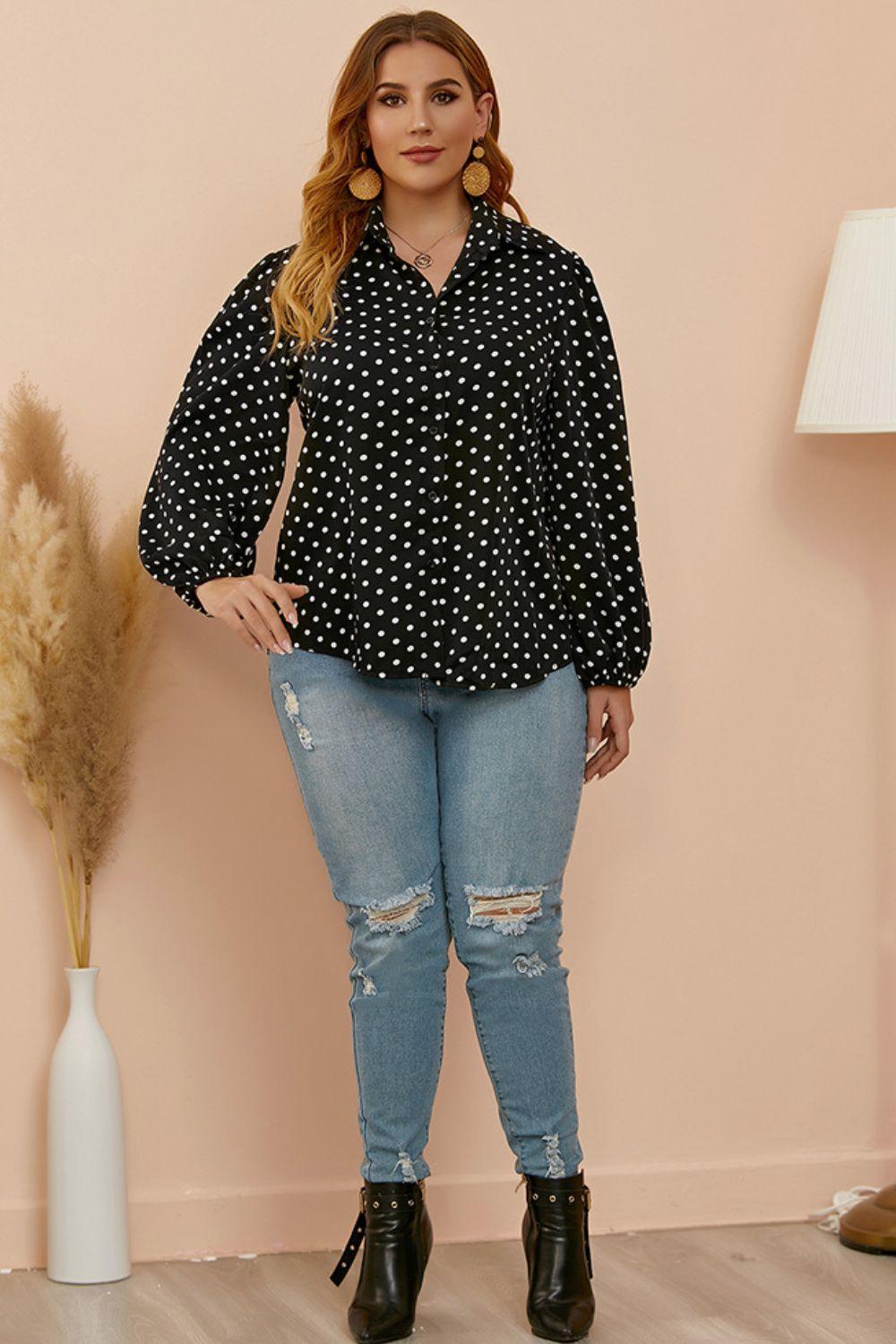 Plus Size Polka Dot Balloon Sleeve Shirt - BoldlyCurvy