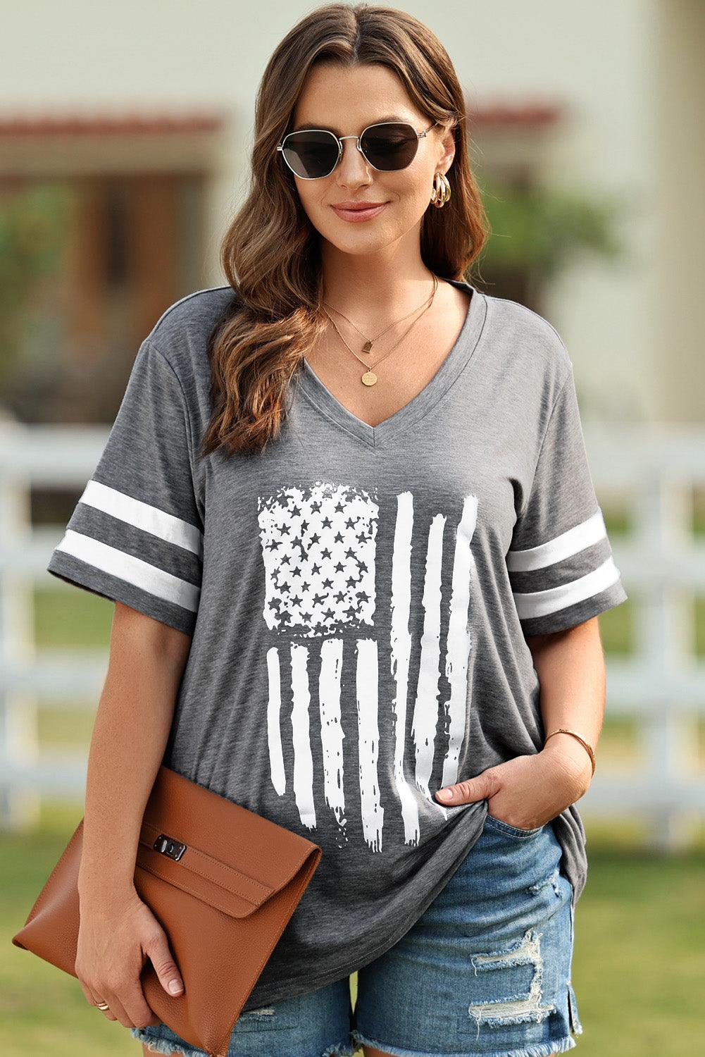 Plus Size US Flag Graphic V-Neck Tee - BoldlyCurvy